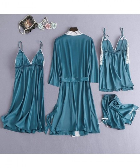 Robes 4PC Women Satin Lace Camisole Bowknot Shorts Nightdress Robe Pajamas Lingerie - Light Blue - CK194TLO0NU