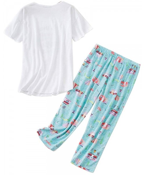 Sets Women Cotton Pajama Sets Sleepwear pjs Short Sleeve Shirt Capri Pants with Cute Vivid Print - Green Bus - CY199MRARD2