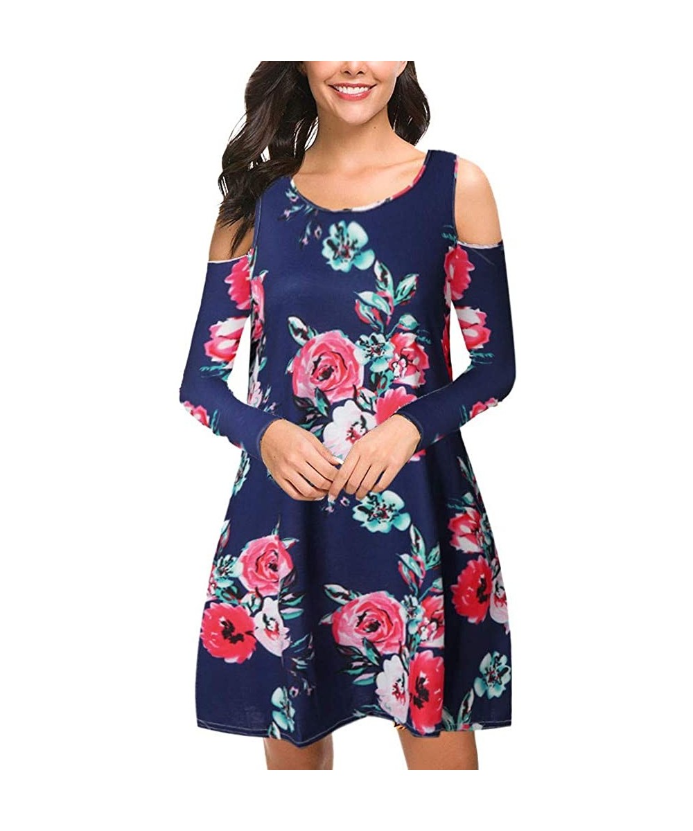 Accessories Women's Summer Cold Shoulder Floral Print Tunic Top Swing T-Shirt Loose Dress with Pockets - Navy - CB18TUD36YC