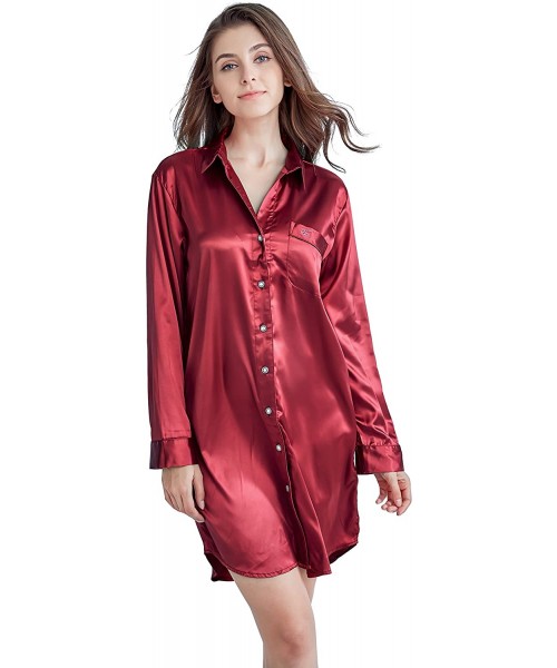 Tops Women's Sleep Shirt- Satin Pajama Top Long Sleeve Nightshirt - Burgundy - CB185O55I8U