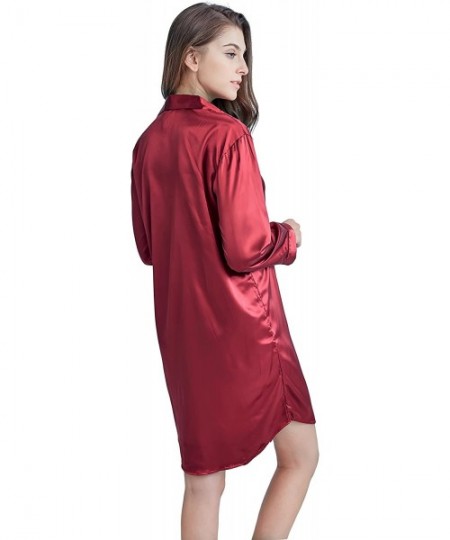 Tops Women's Sleep Shirt- Satin Pajama Top Long Sleeve Nightshirt - Burgundy - CB185O55I8U