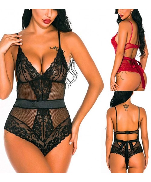 Baby Dolls & Chemises Women Sexy Lace Lingerie V-Neck One-Piece Sling Backless Mesh Perspective Bodysuit Underwear - Black - ...