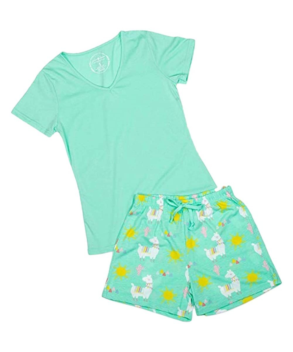 Sets Llama Mint Green Fabric Adult Sleepwear Pajama Shirt and Shorts Set - CB18RT69SZ7