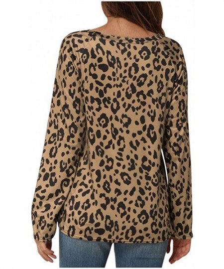 Thermal Underwear Women Leopard Print Slanted Top Loose Casual Long Sleeve Round Neck T-Shirts Blouse - Yellow - CO19776CE3T