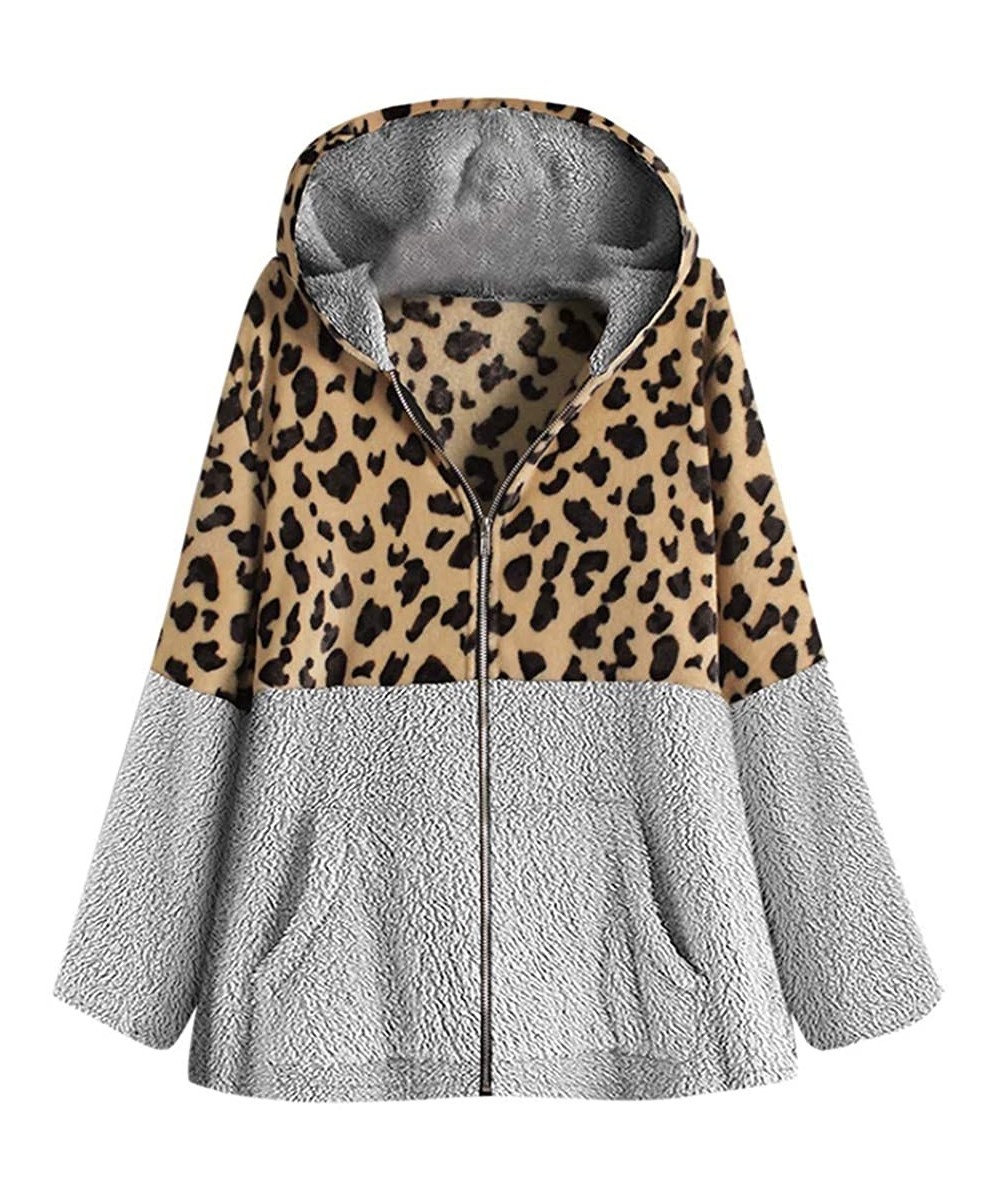 Baby Dolls & Chemises Women Zip-up Leopard Patchwork Hooded Jacket Coat Fleece Hoodie Pullover Top Sweater with Pocket - Gray...