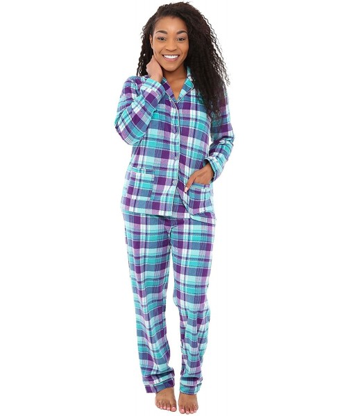 Sets Women's Warm Fleece Pajamas- Long Button Down Pj Set - Purple and Teal Plaid With White Piping - C611K478ENB