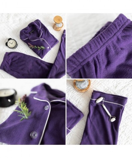 Sets Women's Warm Fleece Pajamas- Long Button Down Pj Set - Purple and Teal Plaid With White Piping - C611K478ENB
