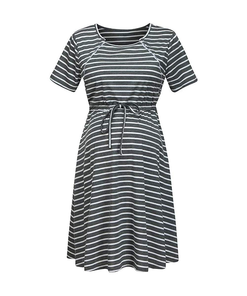 Nightgowns & Sleepshirts Women Short Sleeve Nightgown Button Striped Nursing Nightgown Breastfeeding Sleep Dress - Black - CV...