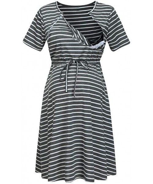 Nightgowns & Sleepshirts Women Short Sleeve Nightgown Button Striped Nursing Nightgown Breastfeeding Sleep Dress - Black - CV...