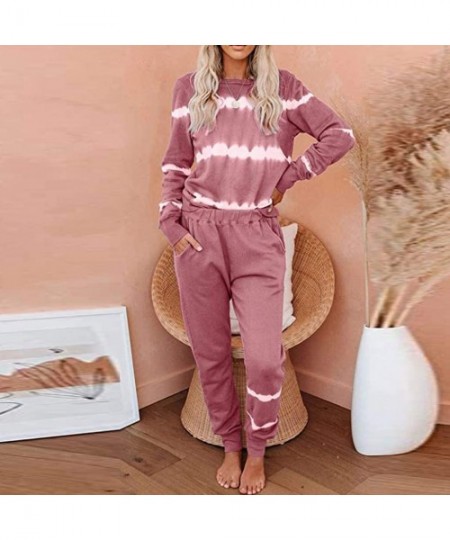 Sets Tie Dye Pajamas for Women Womens Tie Dye Printed Long Sleeve Pajamas Set Top and Pants Pockets PJ Set Nightwear Pink - C...