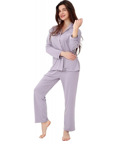 Sets Women Lightweight Pajama Set Long Sleeve Sleepwear- Soft Button Down Pjs Set Lounge Wear - 2grey - C9196AXCX33