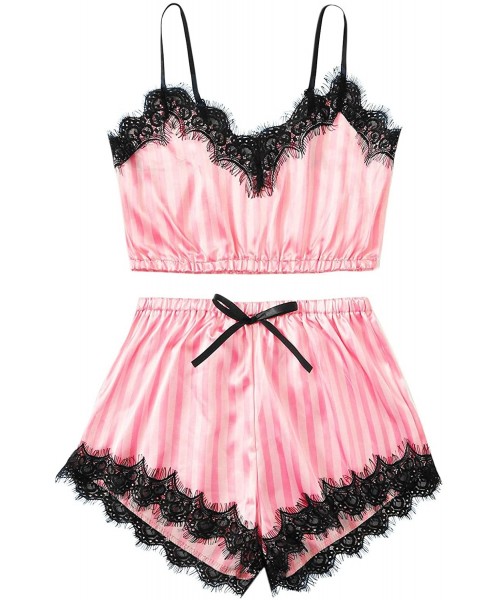 Sets Women's Lace Trim Satin Cami Top with Shorts Pajama Set Sleepwear - Pink2 - CJ198R4EXGN