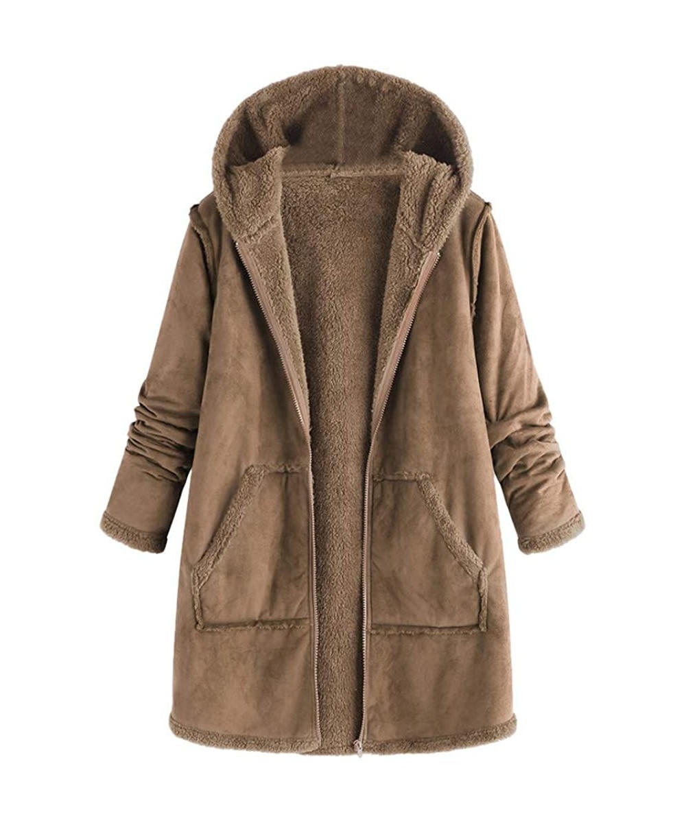 Tops Shaggy Shearling Jacket Women Hooded Coat Fuzzy Fleece Fluffy Windproof Outwear Plush Trench Windbreaker - Khaki - CC192...