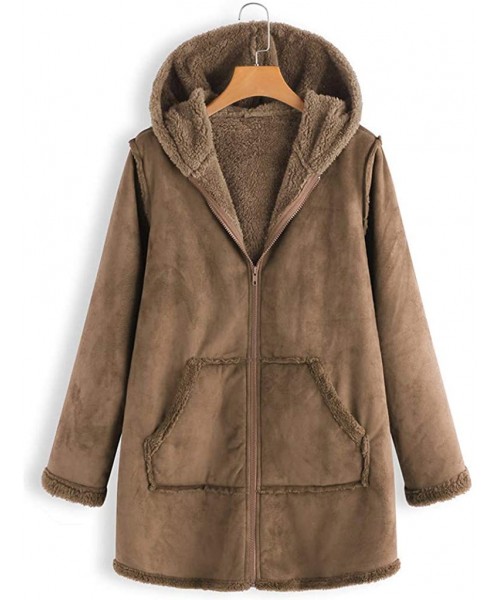 Tops Shaggy Shearling Jacket Women Hooded Coat Fuzzy Fleece Fluffy Windproof Outwear Plush Trench Windbreaker - Khaki - CC192...