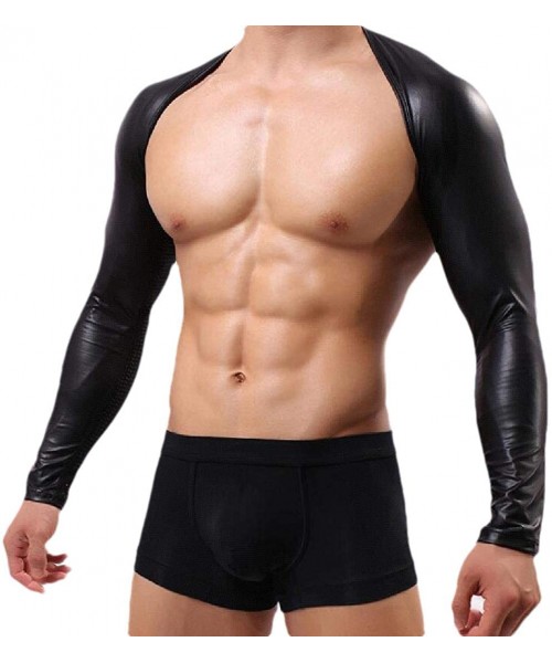 G-Strings & Thongs Men's Sexy Summer Long Sleeve Front Open Leather Lingerie Crop Top - Black - CQ198H785SH