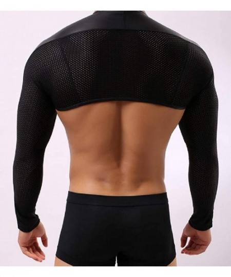 G-Strings & Thongs Men's Sexy Summer Long Sleeve Front Open Leather Lingerie Crop Top - Black - CQ198H785SH
