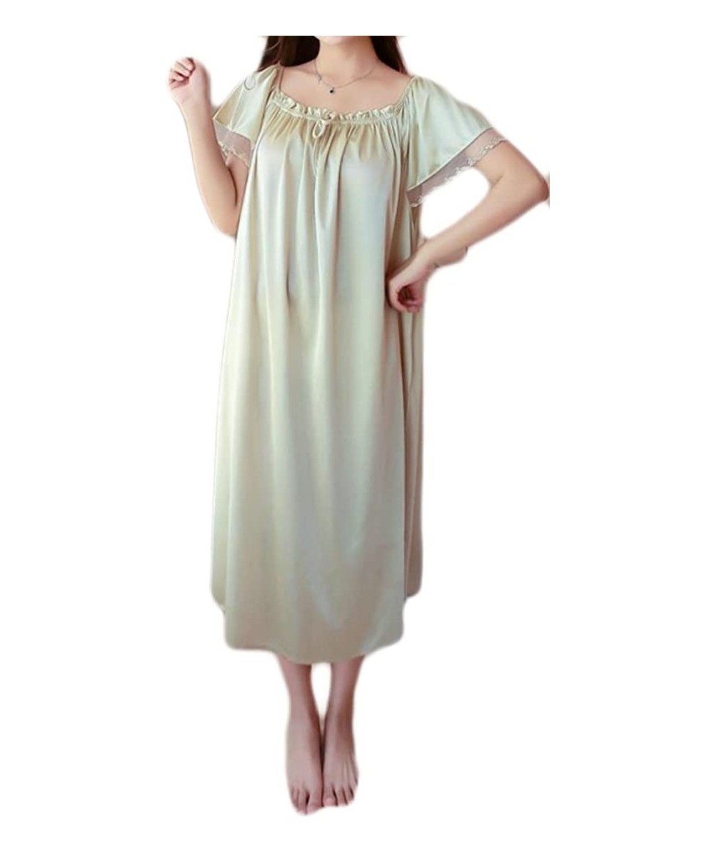 Nightgowns & Sleepshirts Women's Soft Thin Short Sleeve Silk Sleep Dress Lace Nightgown - Champagne - CC18GWYMWI3