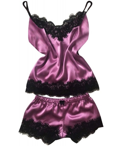 Sets Women Satin Pajamas Set Silk Lace Sleepwear Cami Nightwear Shorts Lingerie 2 Pcs Pajamas - Hot Pink - 1 - CJ193I96U2Q