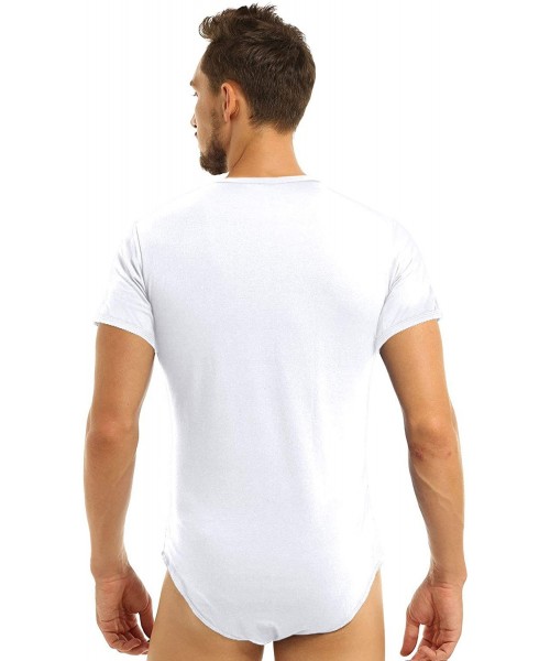 Undershirts Mens Press Button Crotch Romper Jumpsuit One Piece Undershirt Bodysuit Pajamas Nightwear - White - C119CLMNMI5