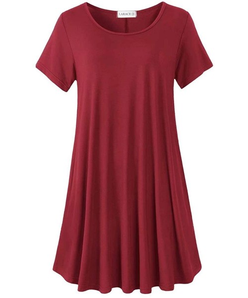 Nightgowns & Sleepshirts Women's Short Sleeve Swing Tunic Casual Pockets Loose T Shirt Dress - Wine Red - CU18SSXYGNR