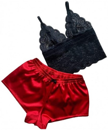 Sets Women Satin Lace V-Neck Camisole Bowknot Shorts Set Sleepwear Pajamas Lingerie - Red - CI19536SL2U