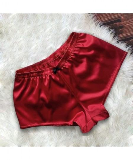 Sets Women Satin Lace V-Neck Camisole Bowknot Shorts Set Sleepwear Pajamas Lingerie - Red - CI19536SL2U