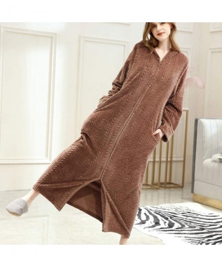 Robes Robes for Women- Winter Warmer Home Hooded Solid Soft Thicken Couples Lengthened Bathrobe Zipper Robe Sleepwear Pocket ...