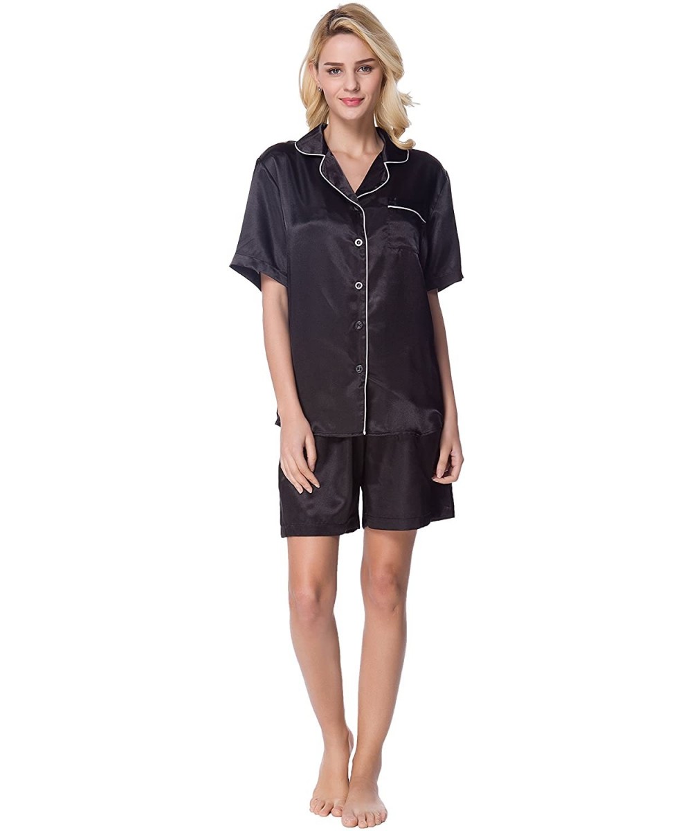 Sets Women's Short Sleeve Classical Silky Satin Pajamas- Short Bottom Sleepwear - Solid Black - C818D6IXYIU