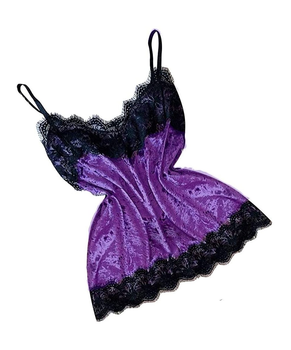 Sets Women Sleepwear Sleeveless Strap Nightwear Lace Trim Satin Top Pajama Sets Sexy Nightdress Women Loungewear Purple a - C...