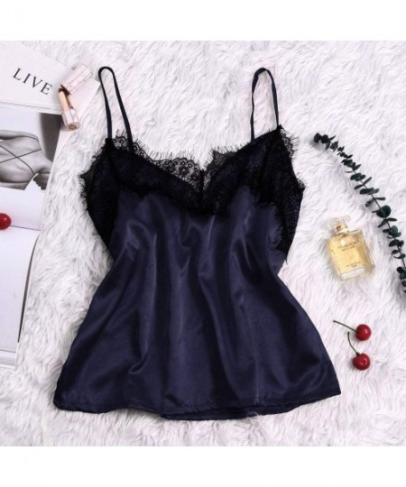 Sets 2Pcs Satin Silk Pajamas Lace Lingerie For Women Casual Underwear Sleepwear - Blue - C8197M5MGY3