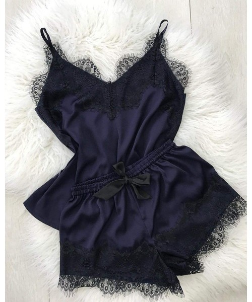 Sets 2Pcs Satin Silk Pajamas Lace Lingerie For Women Casual Underwear Sleepwear - Blue - C8197M5MGY3