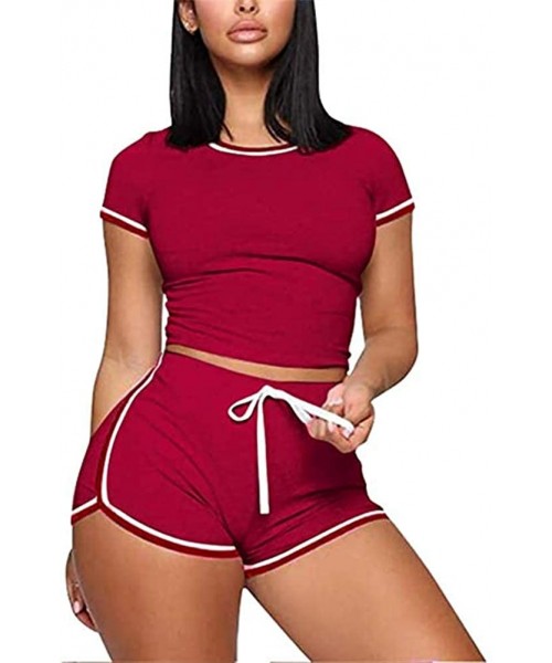 Sets Stripe Shorts Set for Women - 2 Piece Casual Outfits Home Gym Workout Crop Top and Short Pants Jogger Set - Red - CK1988...
