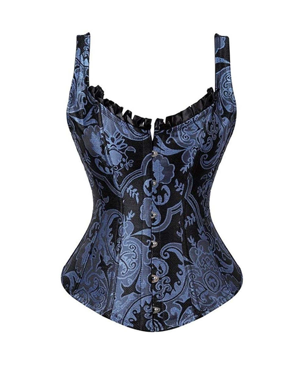 Bustiers & Corsets Women's&Ladies Sexy Lace Up Boned Overbust Corset Bustier Steampunk Ruffled Brocade Corset Top - Blue - C1...