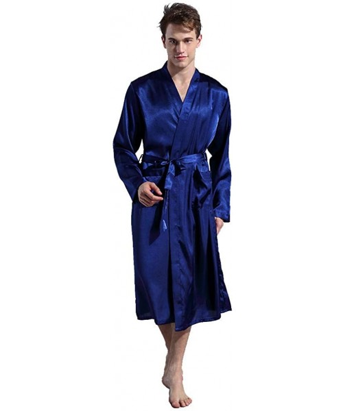 Sleep Sets Men Simulation Silk Sleepwear Long Section Long Sleeves Nightwear Home Service Thin Pajamas - Blue - CE18TOQT08Z