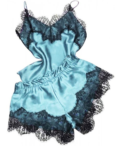 Baby Dolls & Chemises Women Sexy Lace Sleepwear Lingerie Temptation Babydoll Underwear Loose Floral Nightdress - Sky Blue - C...