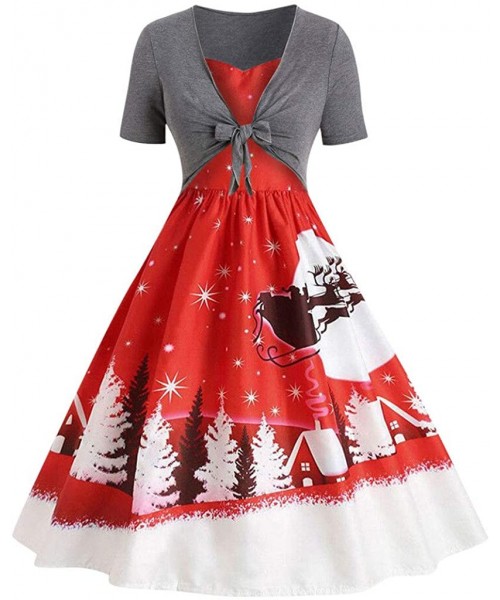 Slips Women's Vintage Dresses Christmas Printed Short Sleeve Bow Knot A-Line Swing Dress Cardigan Suit - Gray - CE18Z4GUKC7