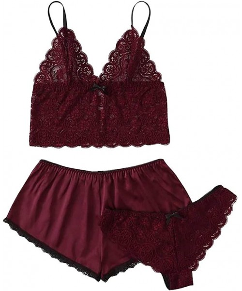 Sets Womens Lace Cami Sets Top with Shorts with Panties 3 Pieces Sleep Set Sexy Lingerie Pajama Set Short Sleepwear Red - CH1...