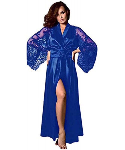 Robes Women Short Silk Kimono Robe Lace Trim Satin Sleepwear Bridesmaids with Briefs - Blue 3 - CJ18WL2IWQY