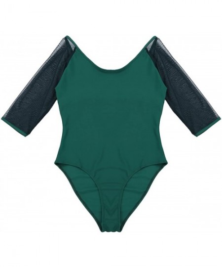 Shapewear Womens Soft Mesh Sheer 3/4 Sleeves Built in Shelf Bra Ballet Dance Leotard Bodysuit - Dark Green - CL18KW0NGHK