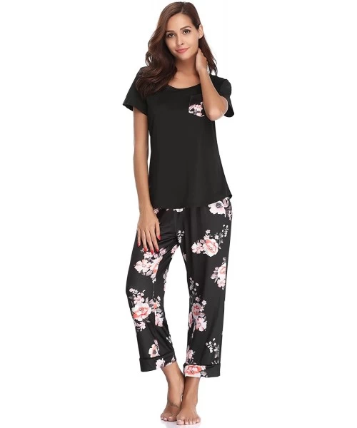 Sets Womens Capri Pajama Set Printed Short Sleeve Pajamas with Pocket Capri Lounge Pants - Black Flower - CI18TKSQT46