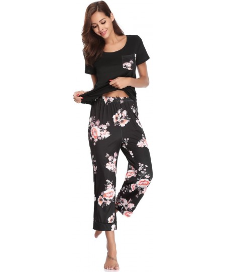 Sets Womens Capri Pajama Set Printed Short Sleeve Pajamas with Pocket Capri Lounge Pants - Black Flower - CI18TKSQT46