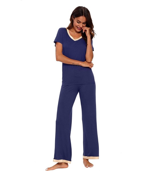 Sets Womens Modal Pajama Set Comfy Sleepwear Short Sleeve Top with Pants Pjs Petite Plus Size - A-navy - CN1943GSE6D