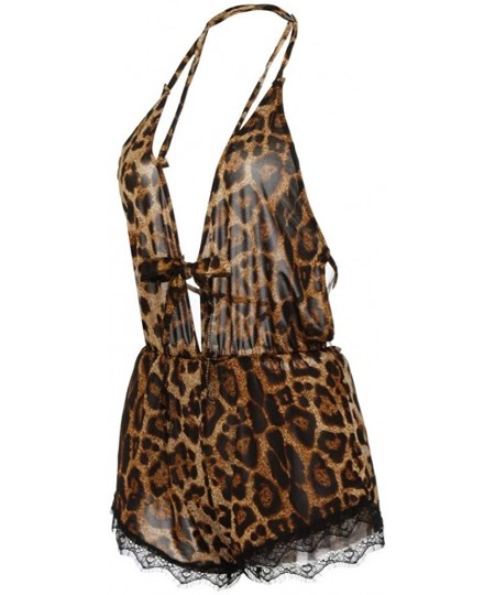 Slips Women 1PC Lingerie Leopard Romper Bodysuit Underwear Strappy Nightwear Nightgown Pajama Clubwear - Brown - CH18QGCE9GX