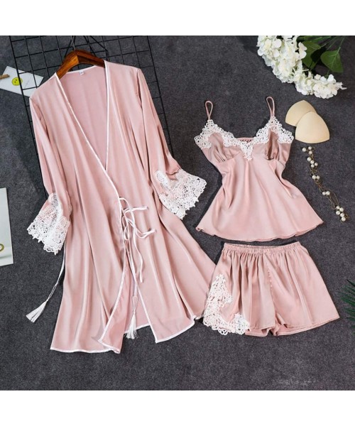 Baby Dolls & Chemises Women Pajama Sets Ladies Sexy Plus Size Sling Loose Robe Dress Babydoll Nightdress 4pcs Set - Pink - CM...