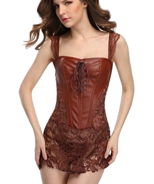 Bustiers & Corsets Women Faux Leather Overbust Bustier Sexy Lace-up Boned Steampunk Corset Shapewear Plus Size - Brown - C619...