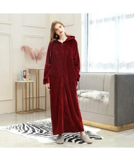 Robes Men Adult Zip Up Fleece Robe Warm Nightgown Pajamas with Hood - Burgundy - CS193EA7UHL