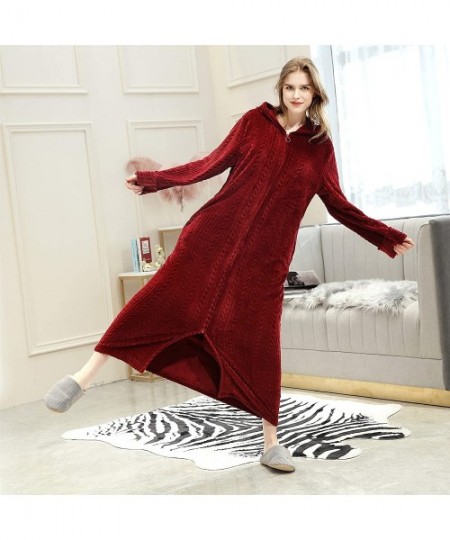 Robes Men Adult Zip Up Fleece Robe Warm Nightgown Pajamas with Hood - Burgundy - CS193EA7UHL