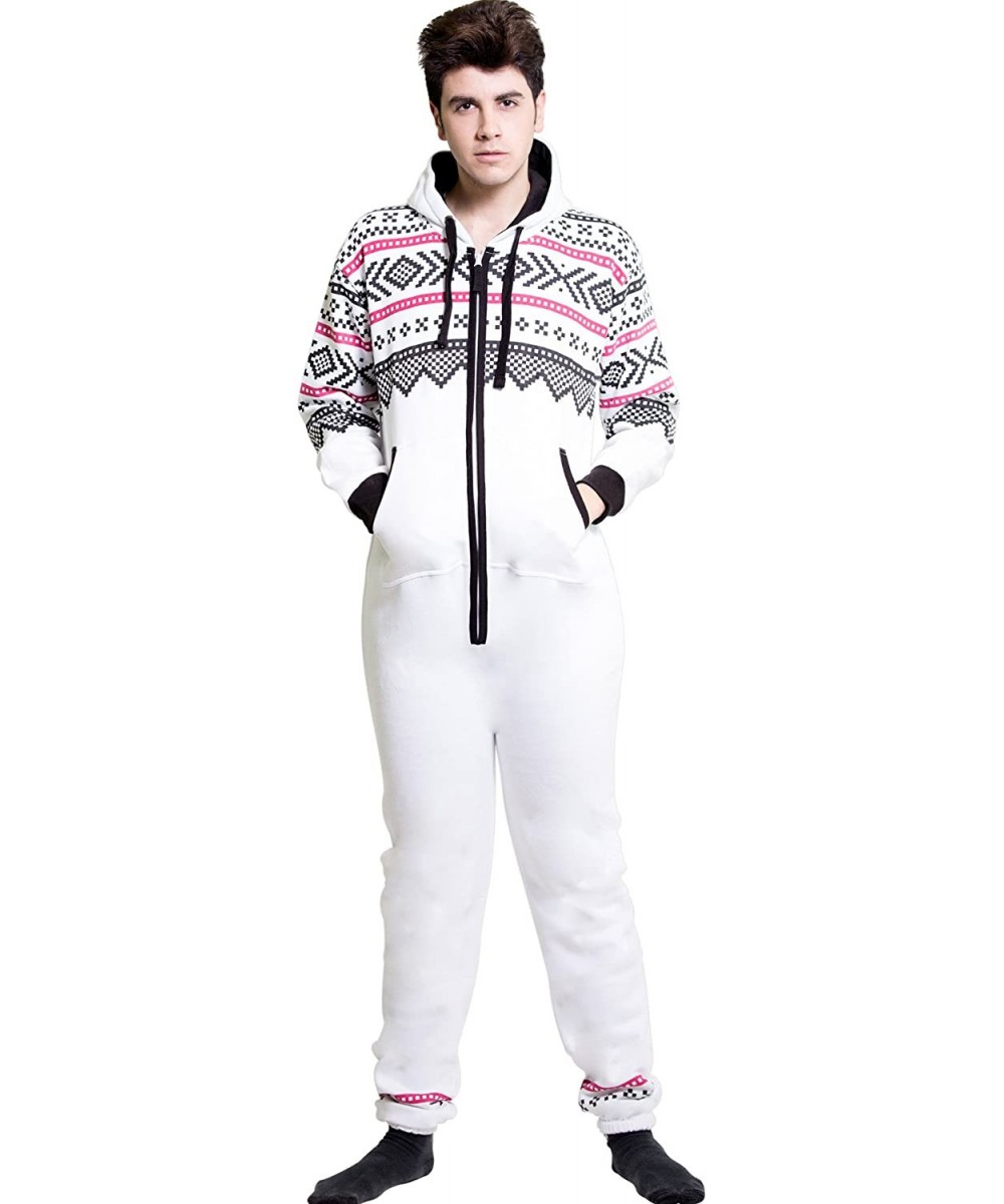 Sleep Sets Men One Piece Non Footed Printed Pajamas- Adult Onesie with Hood Unisex Playsuit - White - CR12762TA79