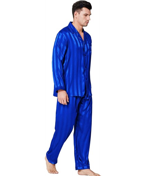 Sleep Sets Mens Satin Long Button-Down Pajamas Set- Stripped PJ- S~4XL - Invy Striped - C212EYSUDHF