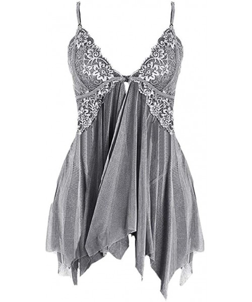 Baby Dolls & Chemises Lingerie for Women Sexy Nightdress Front Closure Babydoll Lace V Neck Mesh Sleepwear - Gray - CM19CURZNQN